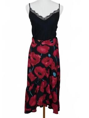 Red Poppy Floral Wrap Midi Skirt Asymmetric Ruffle Hem Dark Romantic Sz 8